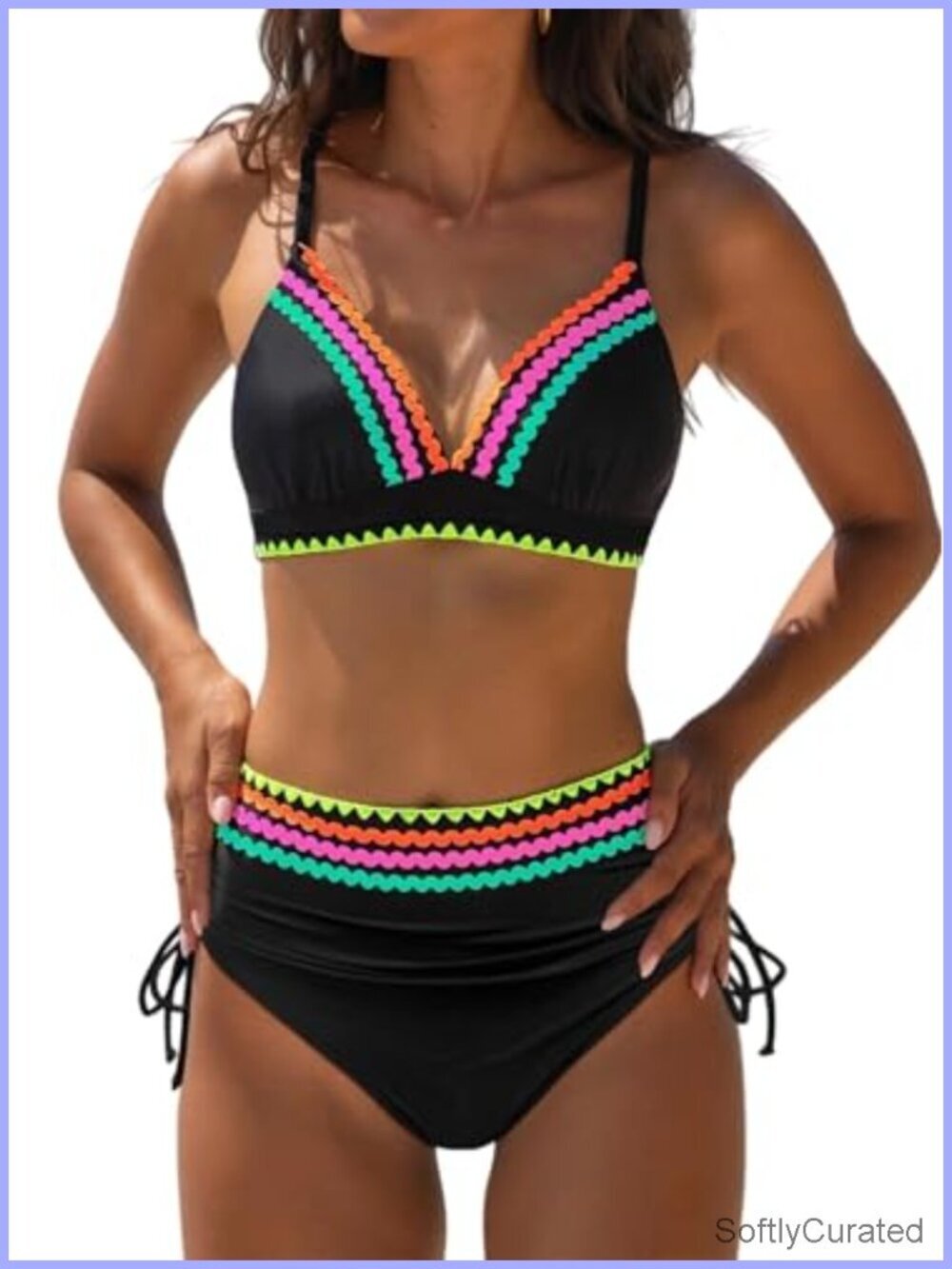 High Waisted Bikini Set Tummy Control V Neck Drawstring Two Piece Swimwear